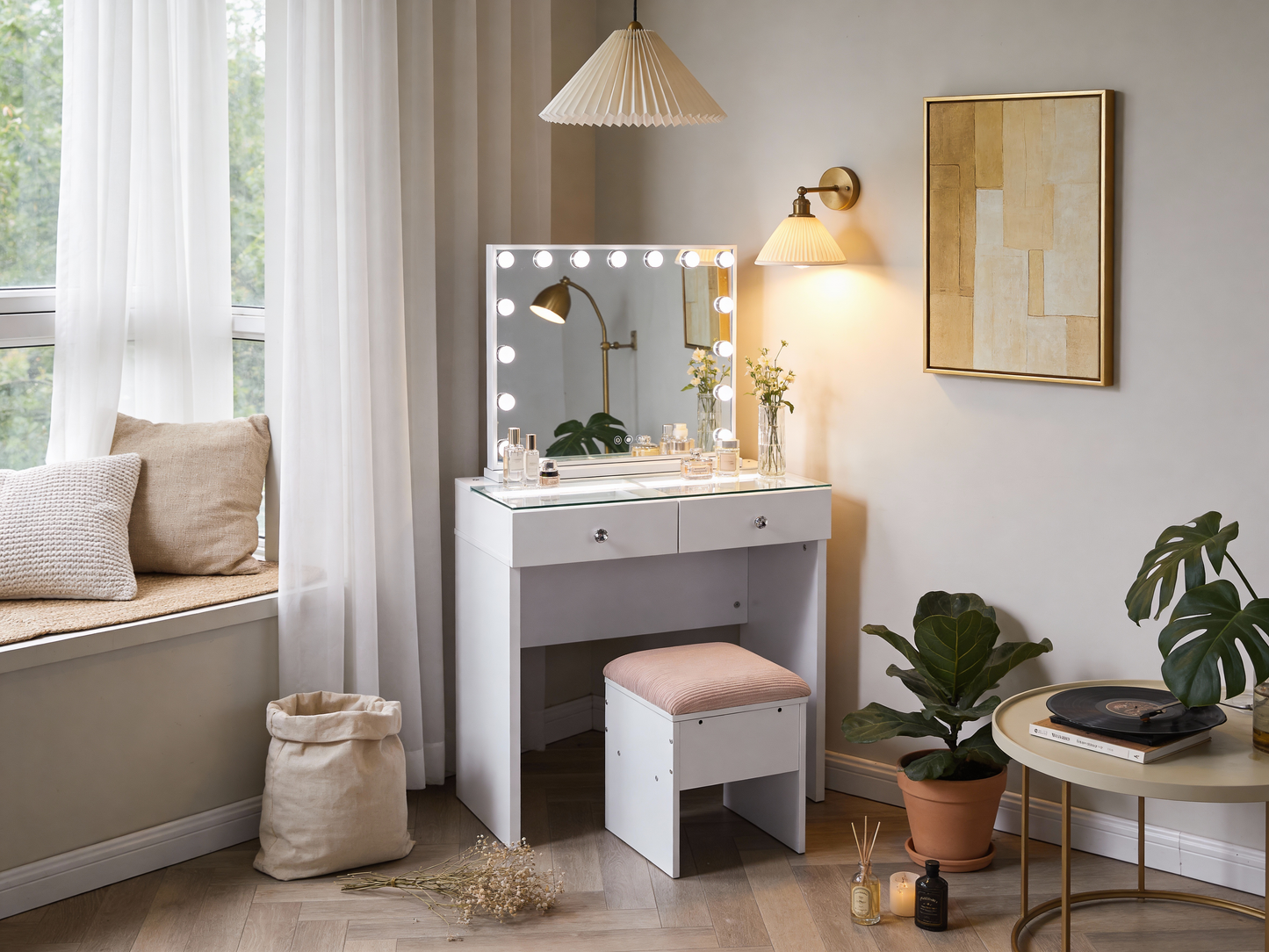 White Vanity Table Set Complete with Stool And Mirror