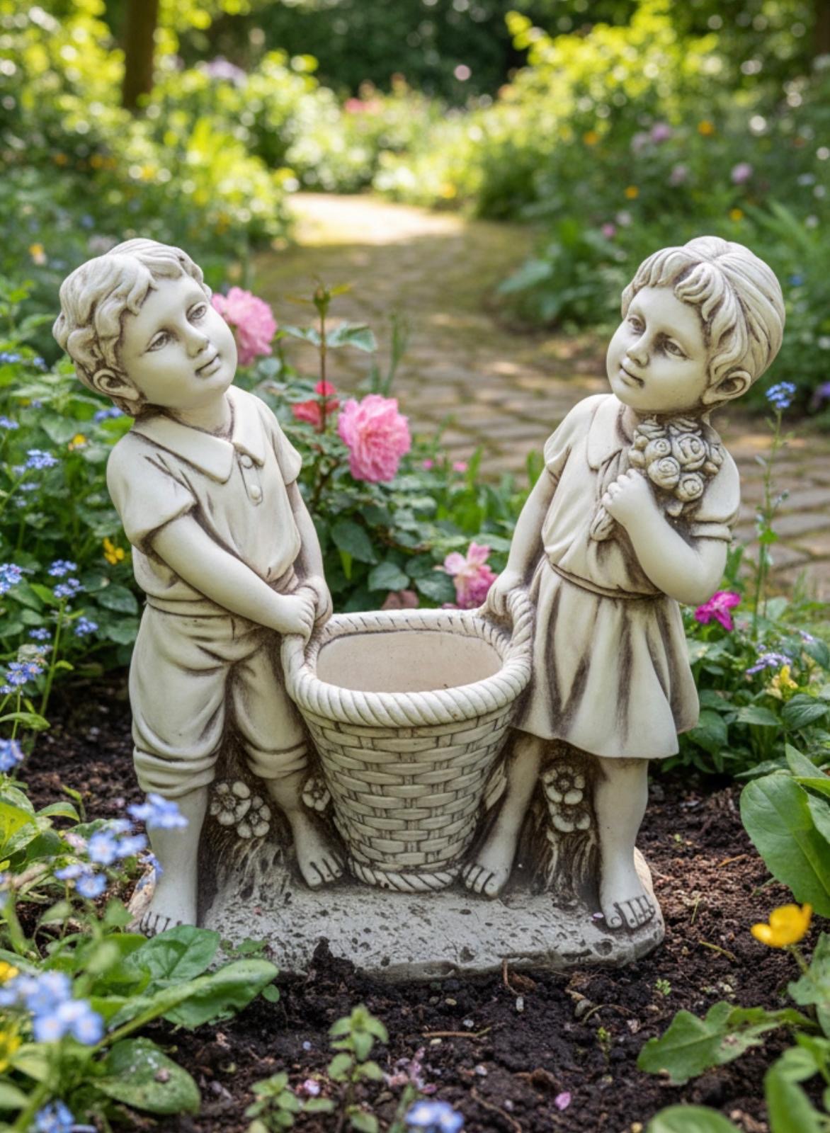 Boy and Girl Holding Baket Garden Ornament