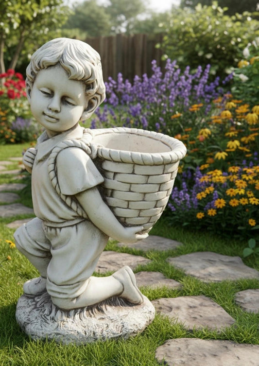 Boy with Basket At The Back Garden Ornament