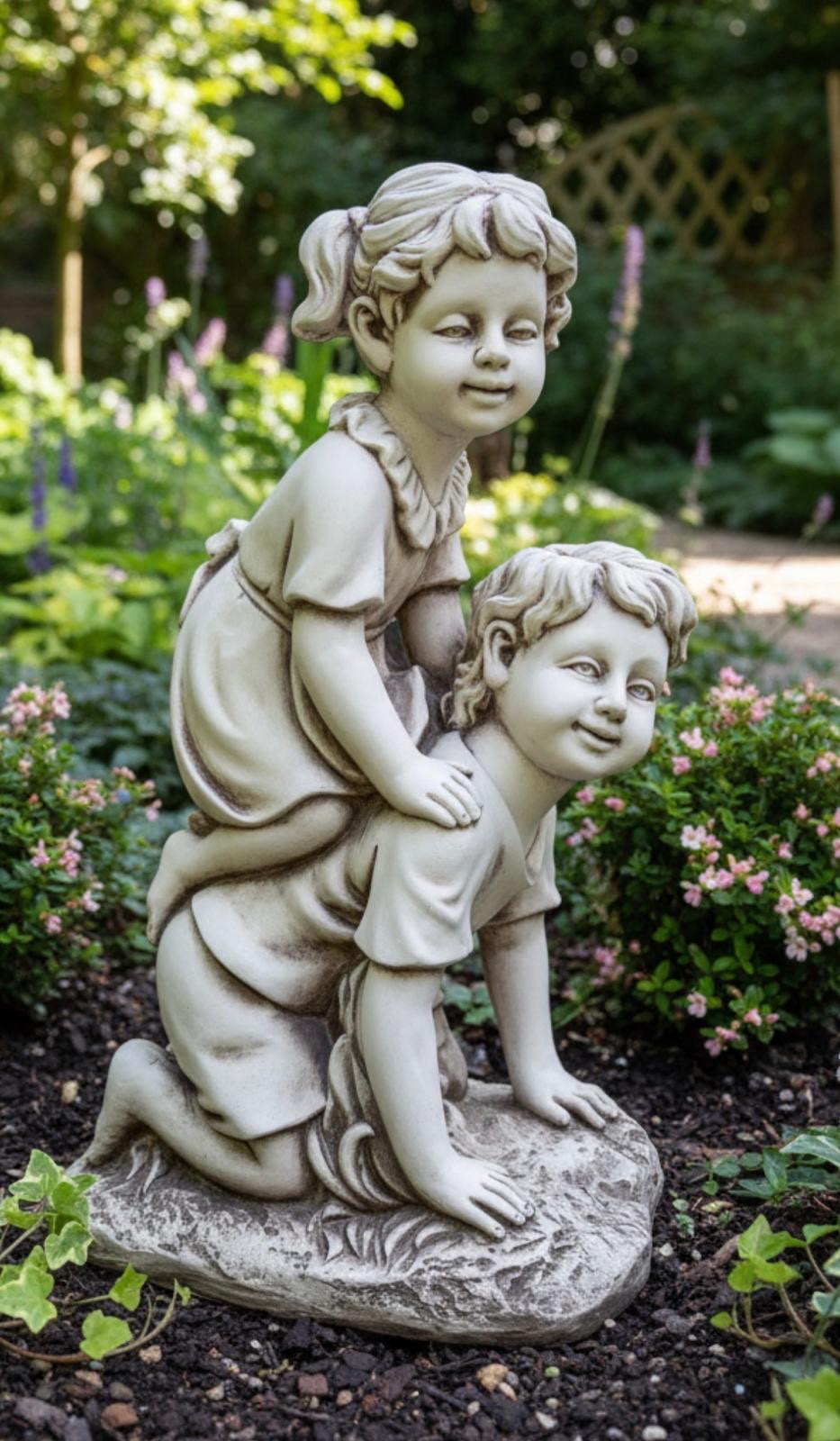 Boy and Girl Piggy Back Garden Ornament