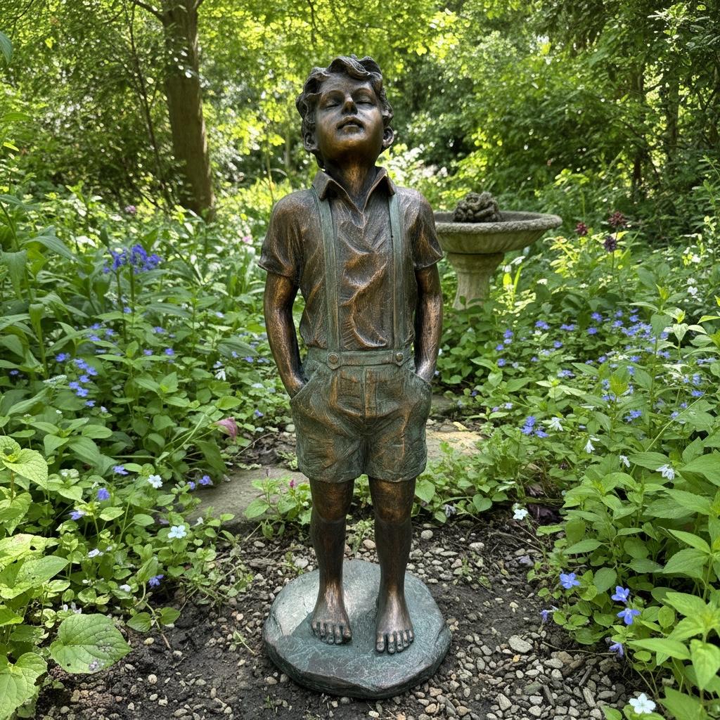 Standing Boy Bronze Garden Figurine
