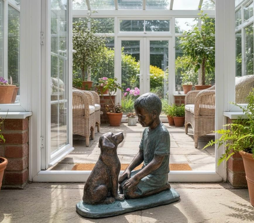 Boy with Dog Bronze Garden Figurine