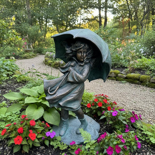 Standing Woman with Umbrella Bronze Garden Figurine