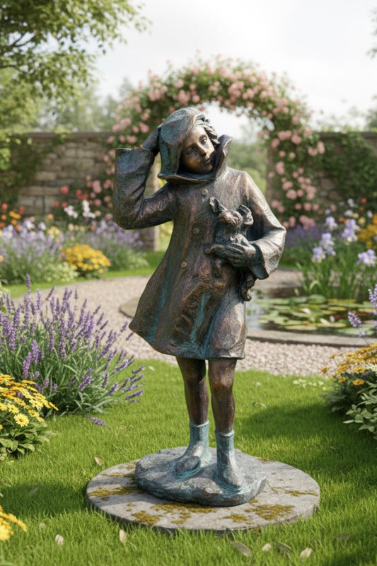 Standing Woman with Dog Bronze Garden Figurine