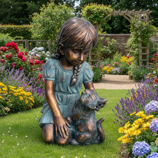 Sitting Girl with Kitten Bronze Garden Figurine