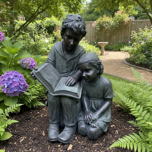 Boy and Girl Reading Book Bronze Garden Figurine