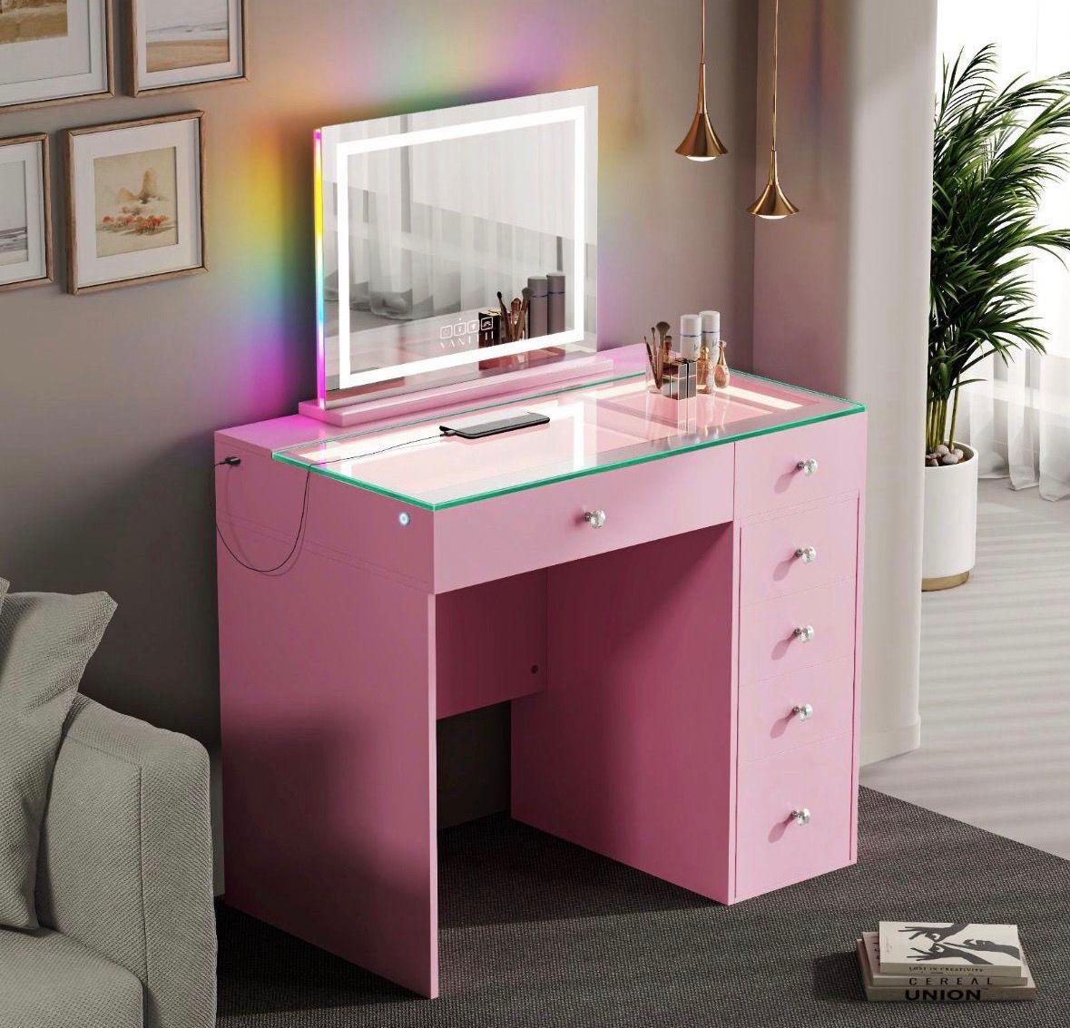 Pink Vanity Table Complete with Hollywood Mirror