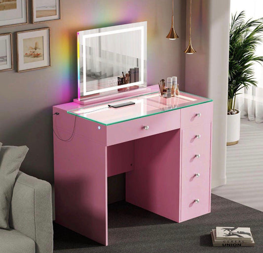 Pink Vanity Table Complete with Hollywood Mirror
